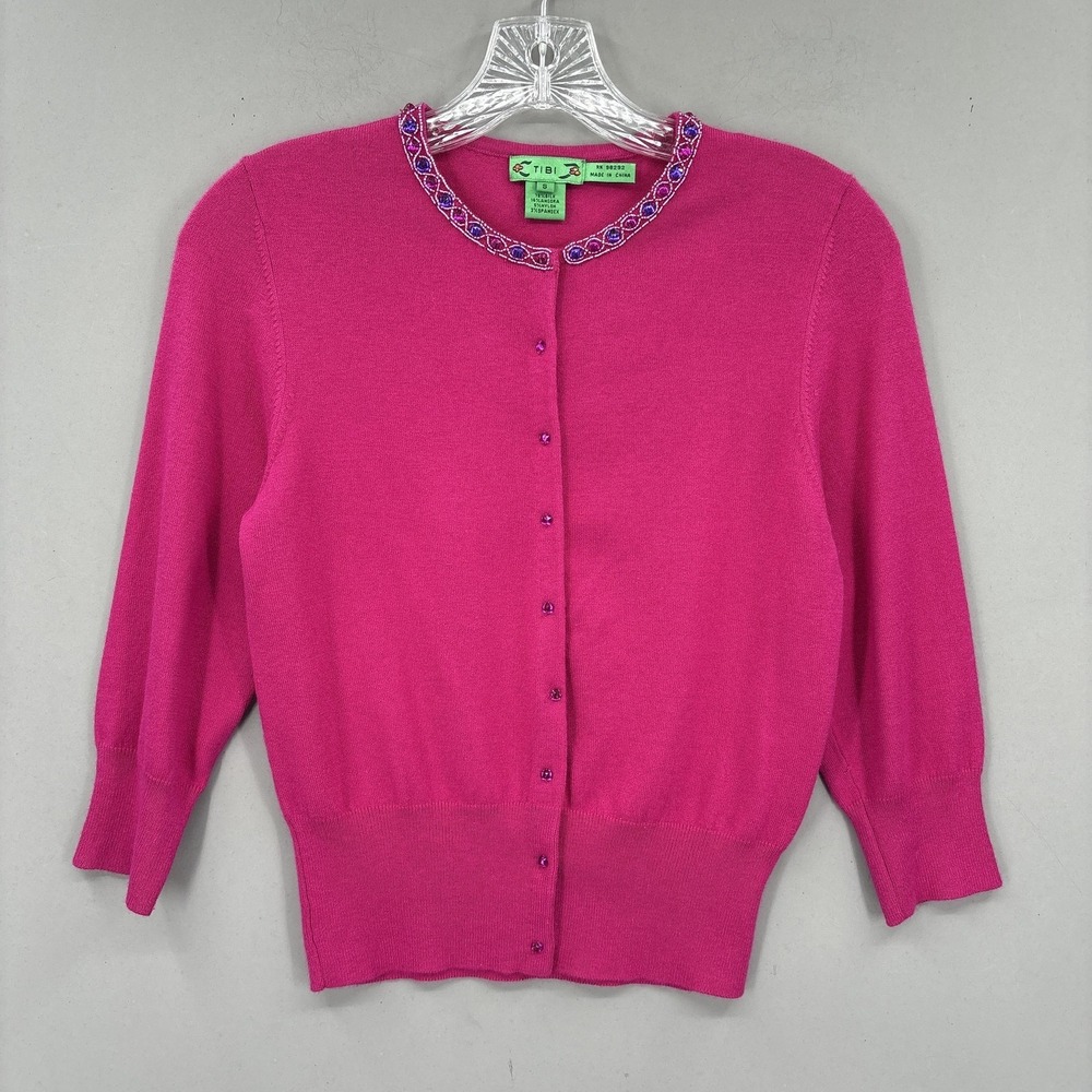 Tibi Sweater Small Pink Silk Angora Beaded Jewel Crew Neck‎ Cardigan Grandma